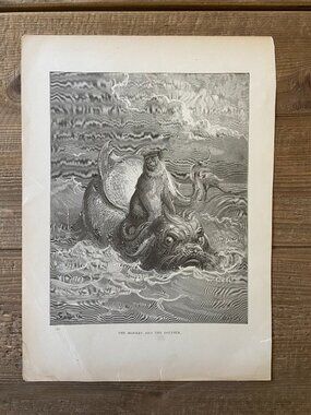 Gustave Dore,  Woodcut Engraving, Antique Print, The Monkey and the Dolphin